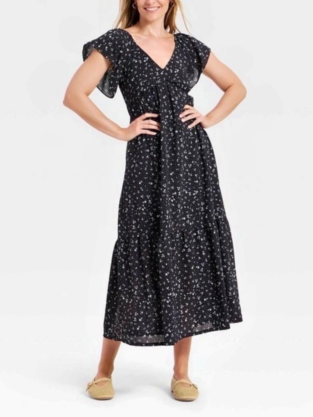 Universal Thread Flutter Short Sleeve Maxi A-Line Dress Black & White XS